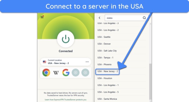 Screenshot showing how to connect to an ExpressVPN server in the US