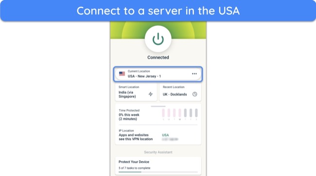 Screenshot showing ExpressVPN's Android app connected to a server in the US