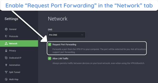 Screenshot showing how to enable port forwarding in PIA's settings menu