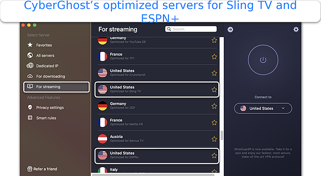Screenshot of CyberGhost's streaming-optimized server for ESPN+ and Sling TV