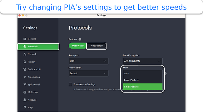 Screenshot of PIA's settings on its app