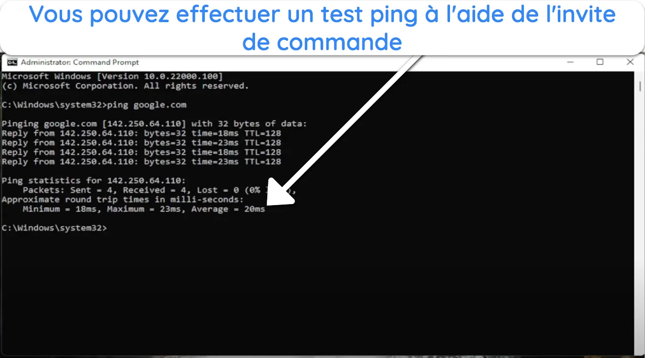 Capture d'écran du résultat d'un test de ping pour Google.com