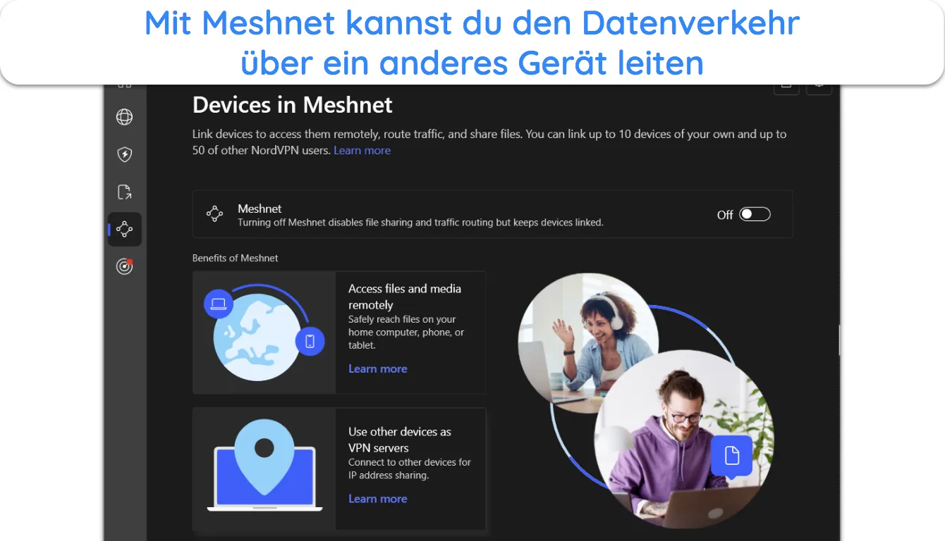 Screenshot, der die Meshnet-Funktion von NordVPN zeigt.