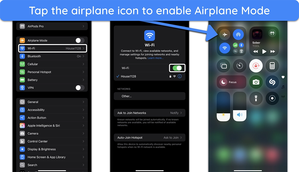 Screenshot of how to enable Airplane mode on iPhone