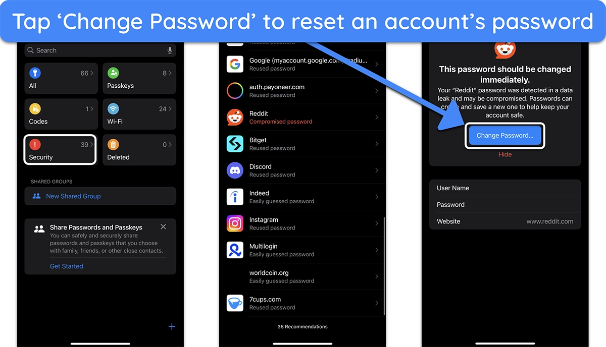 Screenshot of iPhone's Password app showing a list of weak and compromised passwords and how to change password