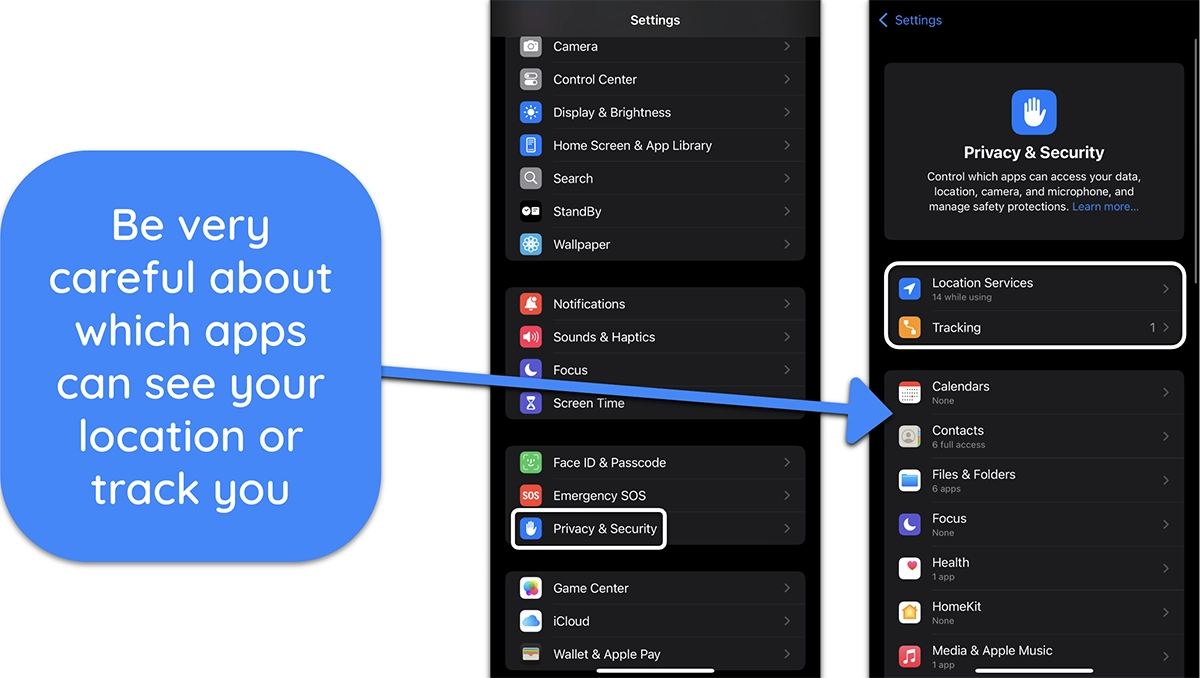 Screenshot of iPhone's Privacy & Security settings, showing which apps can track and see location