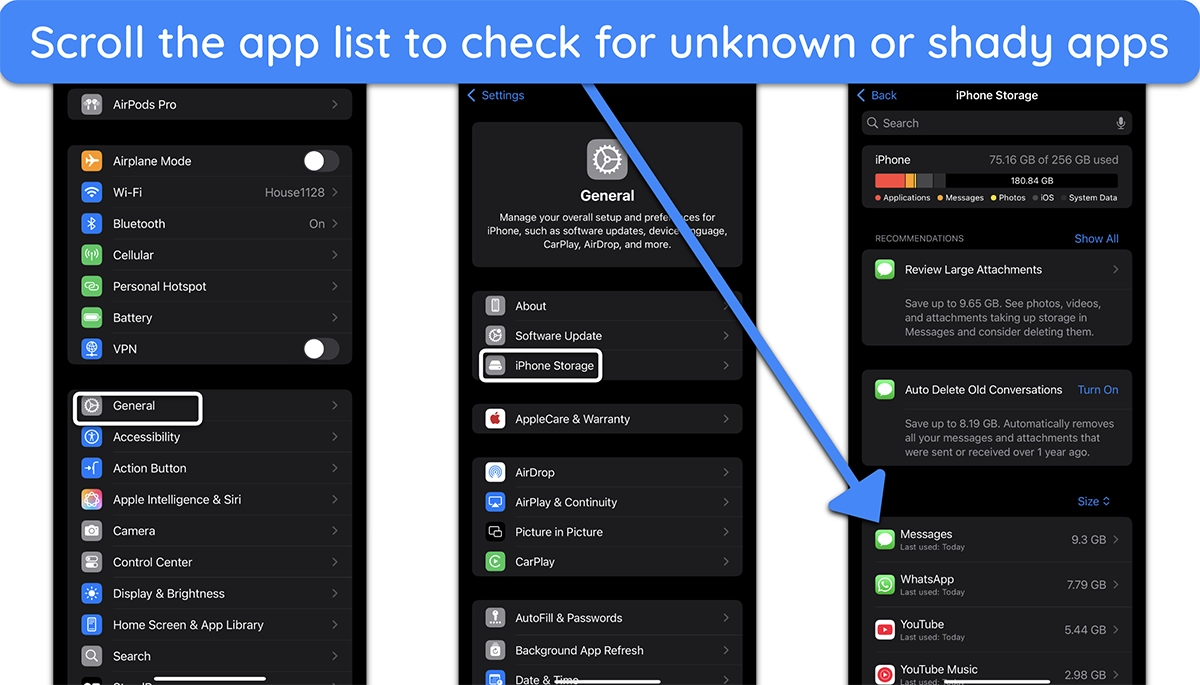 Screenshot of the list of apps showing under iPhone Storage