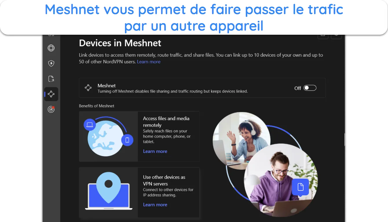 Capture d'écran montrant la fonctionnalité Meshnet de NordVPN.