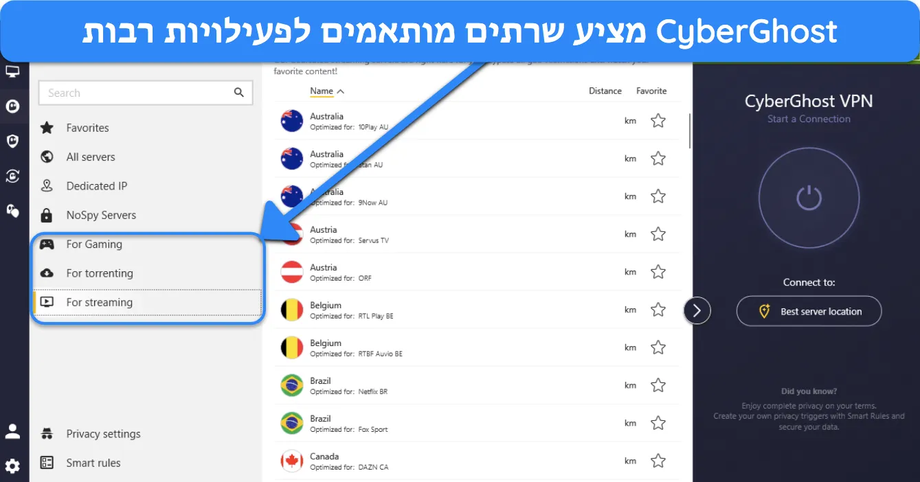 צילום מסך המציג את הסוגים השונים של שרתים מותאמים שמציעה CyberGhost