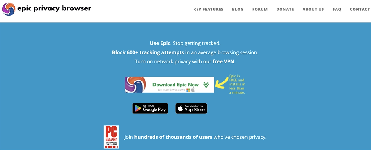 Screenshot of Epic Privacy Browser's official website's homepage