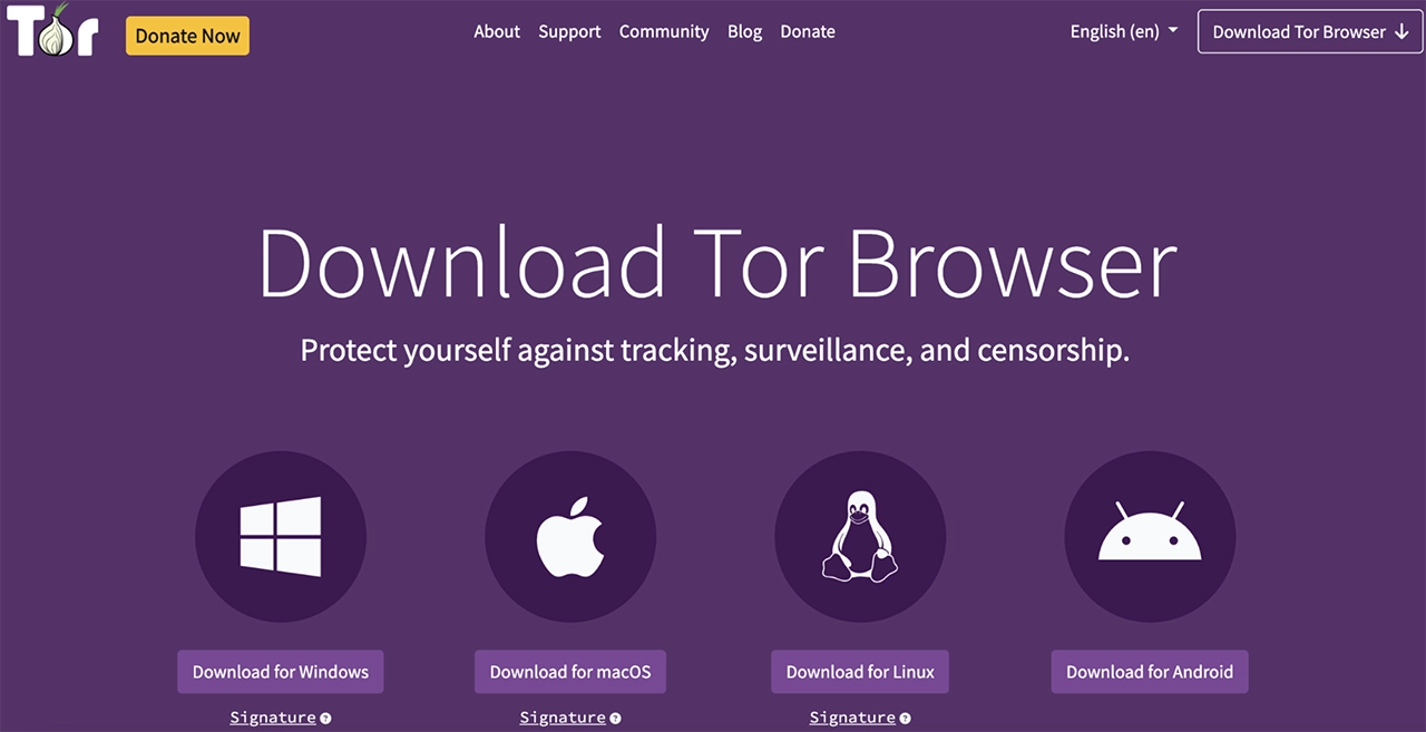 Screenshot of Tor browser's official site's homepage
