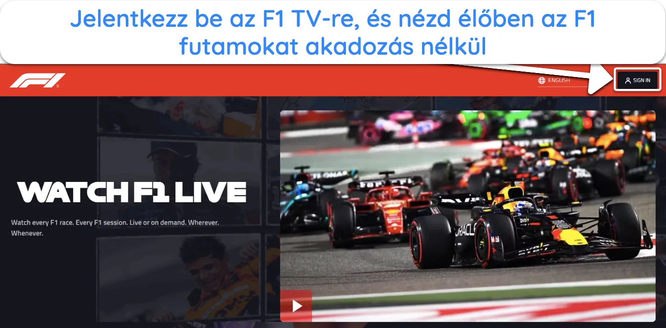 Képernyőkép, amely bemutatja, hogyan jelentkezhet be az F1 TV-be, hogy megnézhesse az F1-es versenyeket előfizetés után.