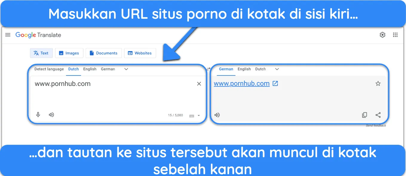 Antarmuka Google Translate yang menampilkan terjemahan tentang menonton konten dewasa dengan aman.