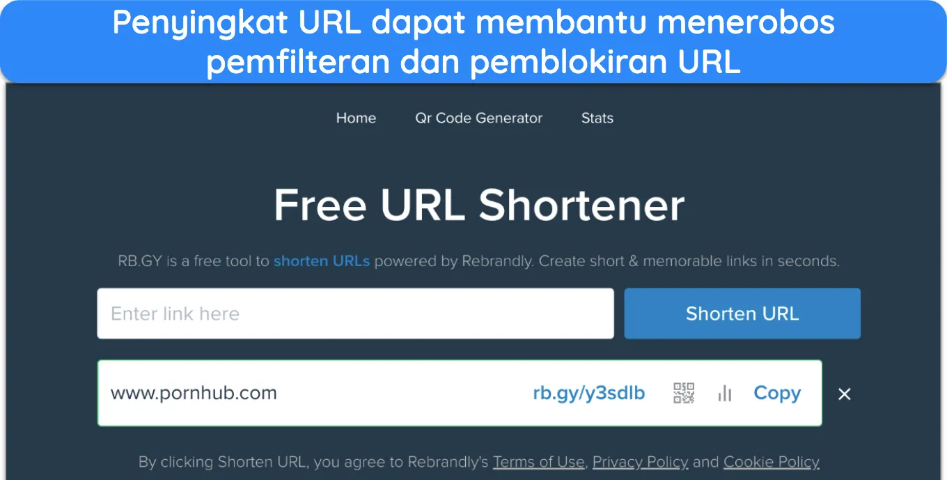 Tangkapan layar pemendek URL RB.GY dengan tautan yang dipersingkat untuk Pornhub.