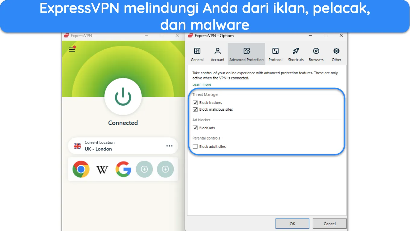 tangkapan layar aplikasi Windows ExpressVPN, yang menyorot fitur Perlindungan Lanjutan.