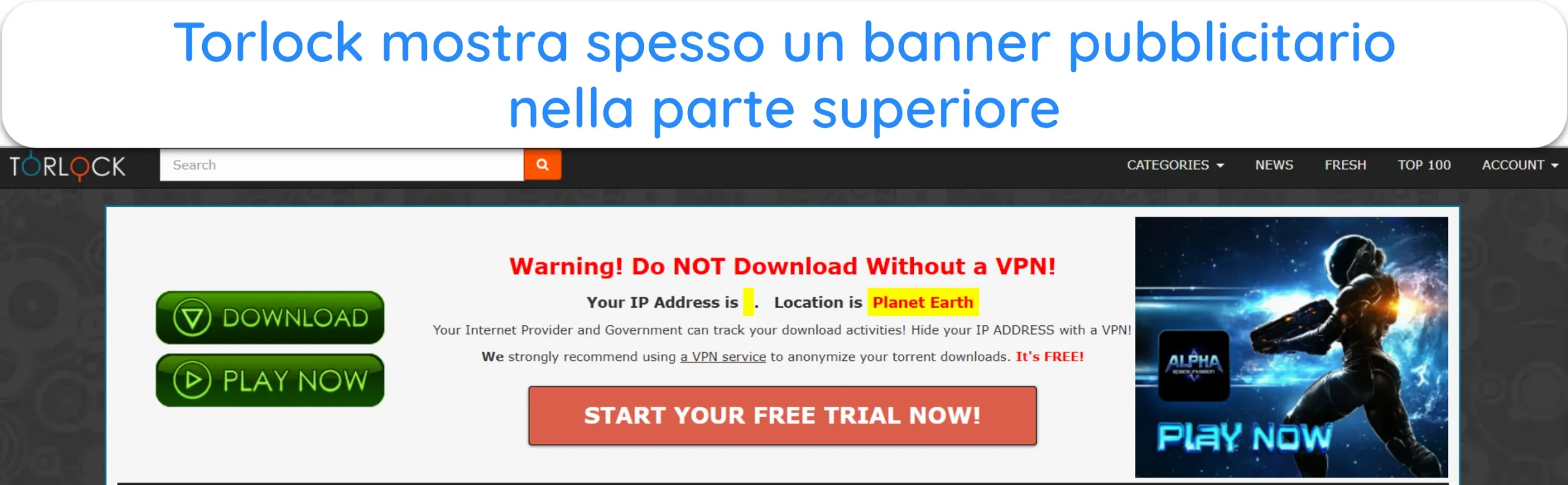 Screenshot che mostra un banner pubblicitario di grandi dimensioni sul sito web di Torlock.