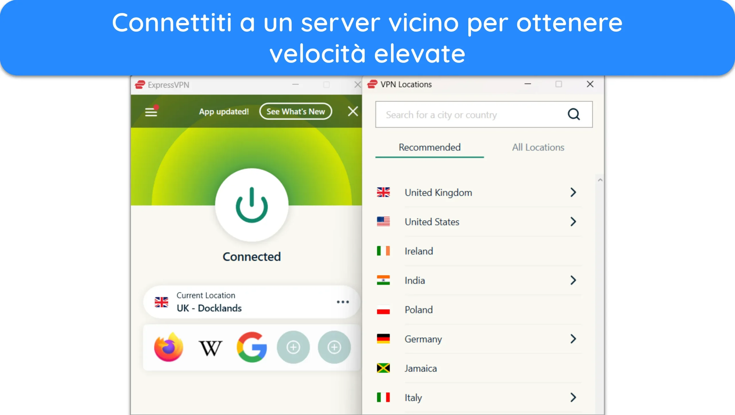 Screenshot che mostra ExpressVPN connesso a un server nelle vicinanze.