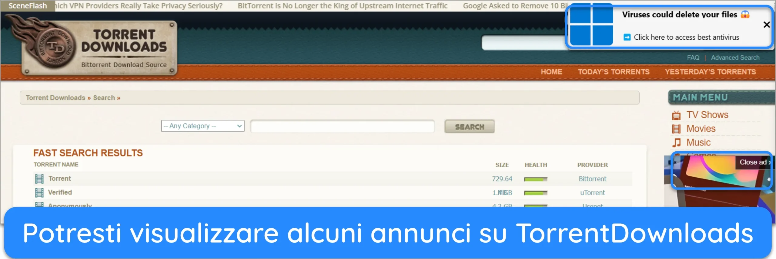 Screenshot degli annunci pubblicitari su TorrentDownloads.