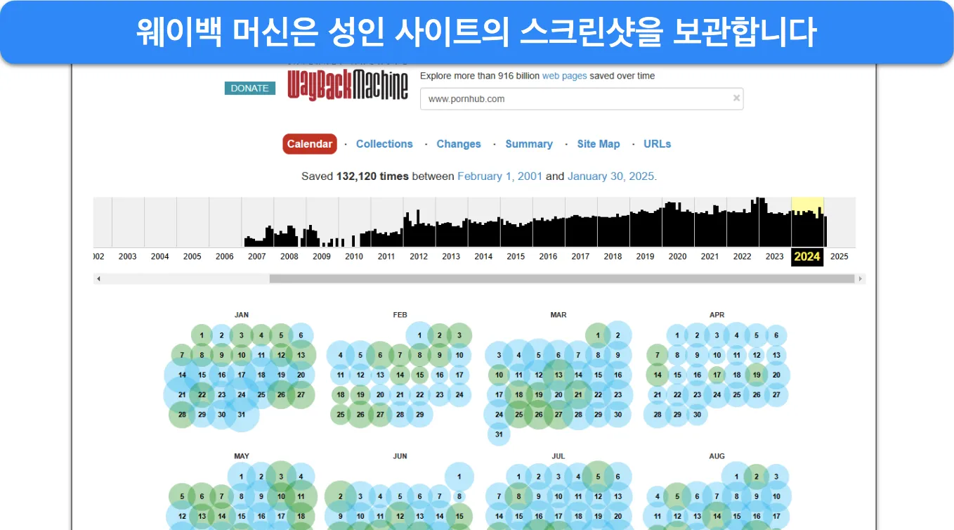 2024년 Pornhub에 대한 Wayback Machine의 보관된 페이지 스크린샷.