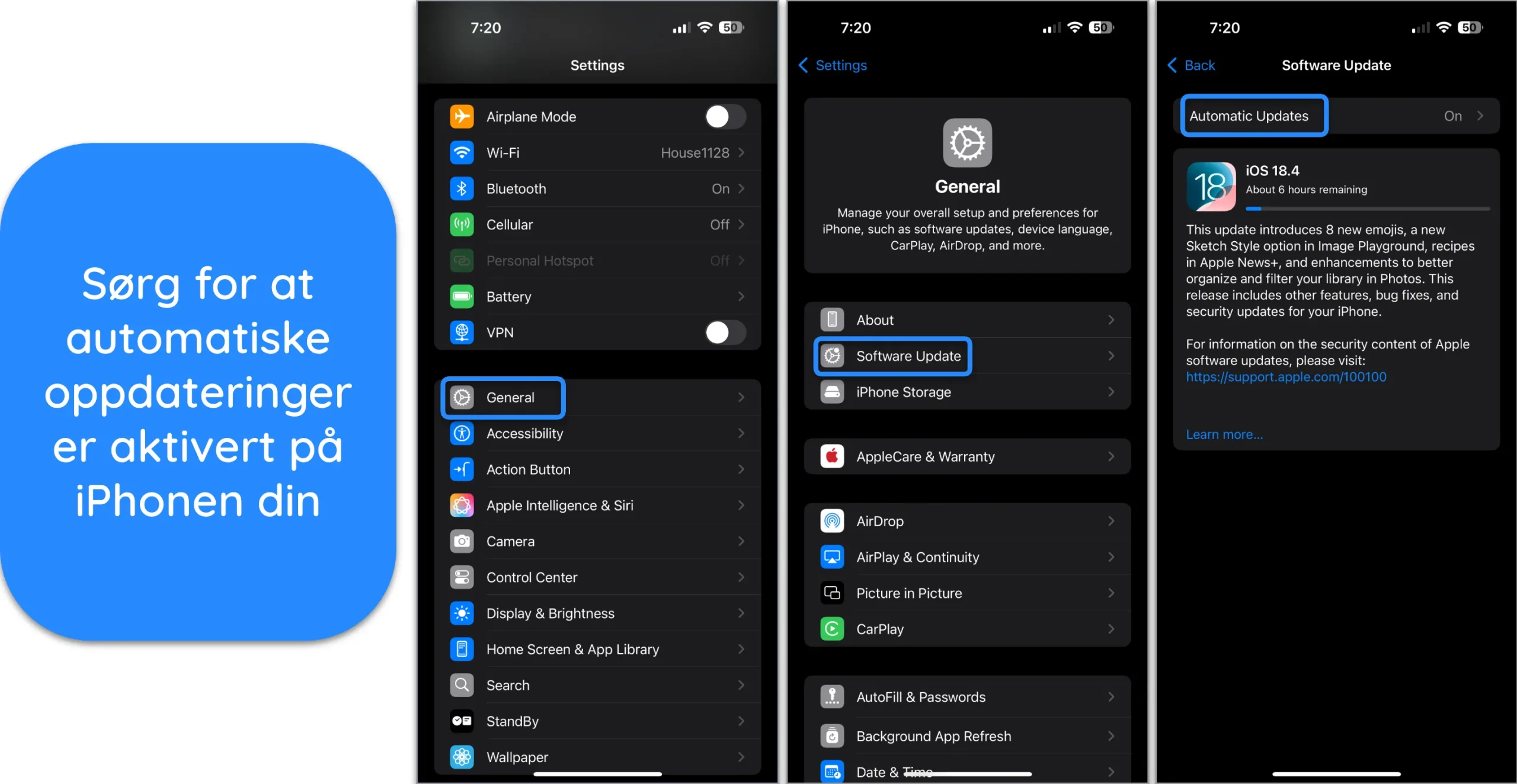 Skjermbilde av hvordan iOS nyeste versjon blir installert på en iPhone.