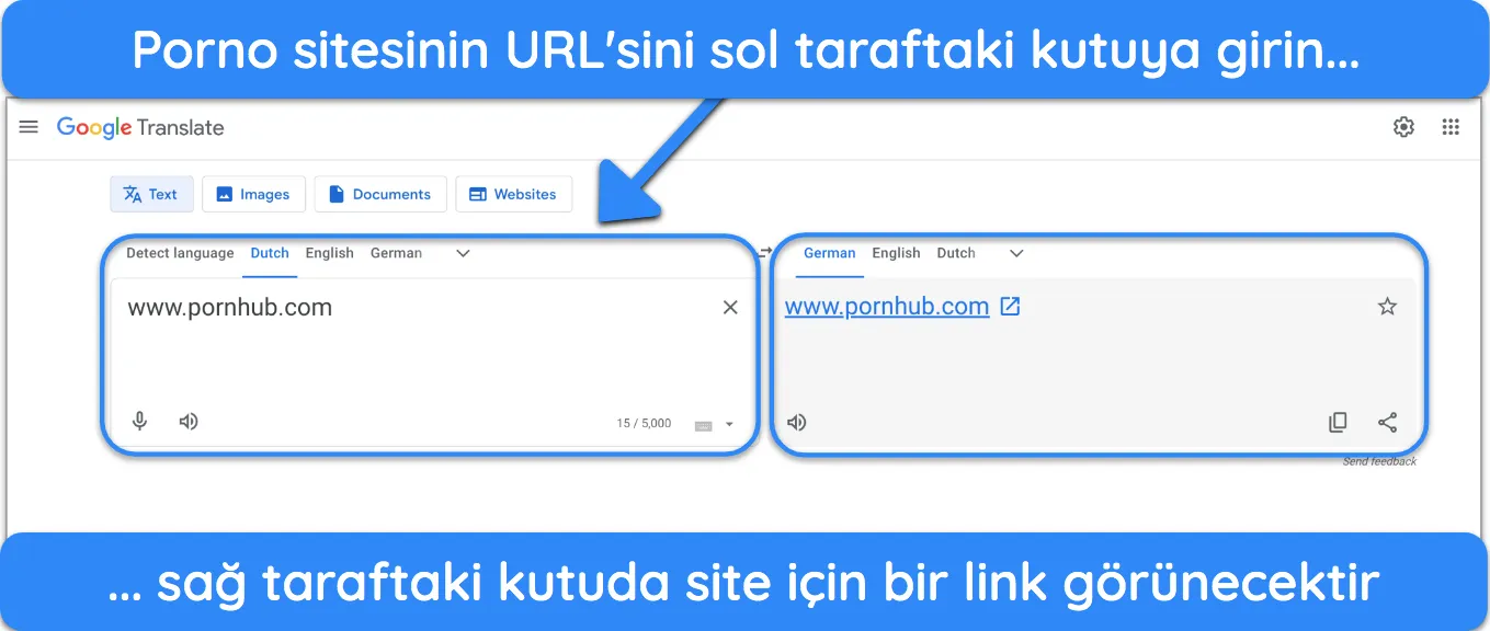 Yetişkin içerikleri güvenli bir şekilde izleme hakkında bir çeviri gösteren Google Çeviri arayüzü.