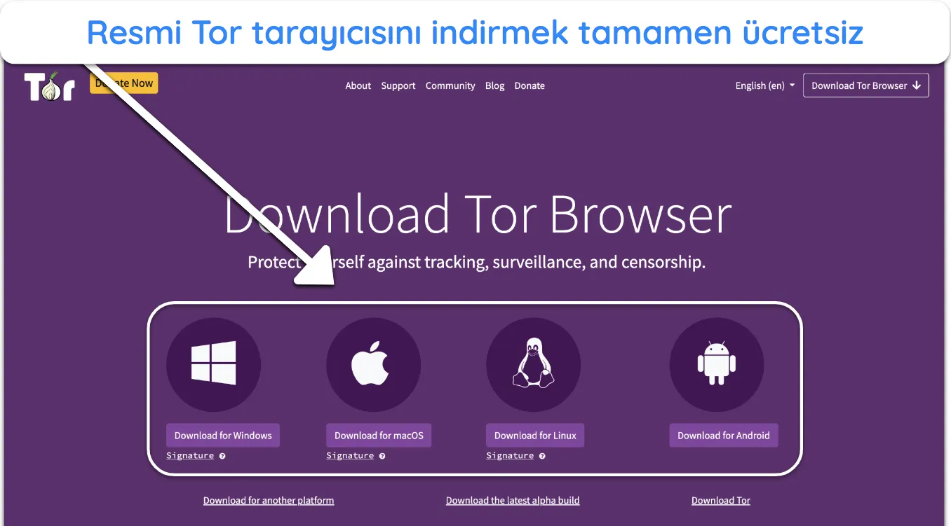 Tor tarayıcısının resmi web sitesinin ücretsiz indirme seçeneklerini vurgulayan ekran görüntüsü.