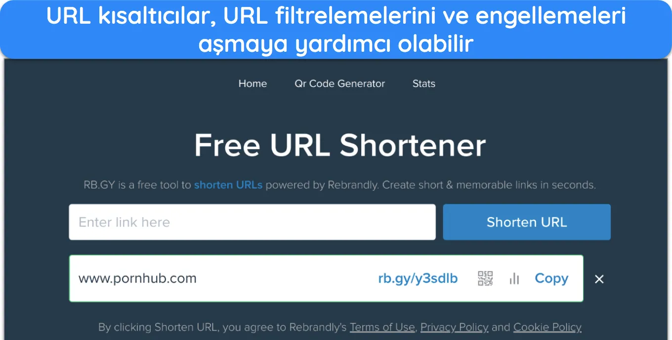 Pornhub için kısaltılmış bir bağlantıya sahip RB.GY URL kısaltıcısının ekran görüntüsü.