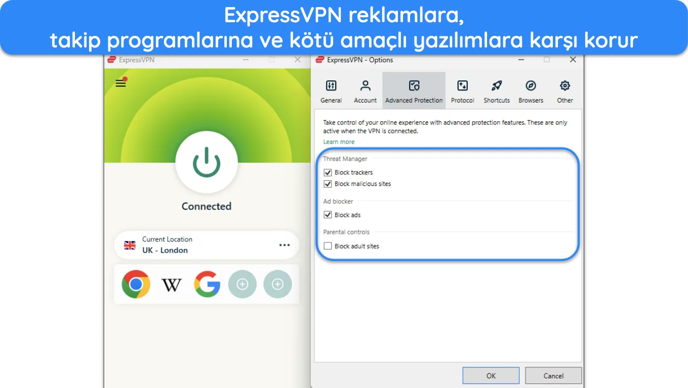ExpressVPN'in Windows uygulamasının Gelişmiş Koruma özelliklerini vurgulayan ekran görüntüsü.