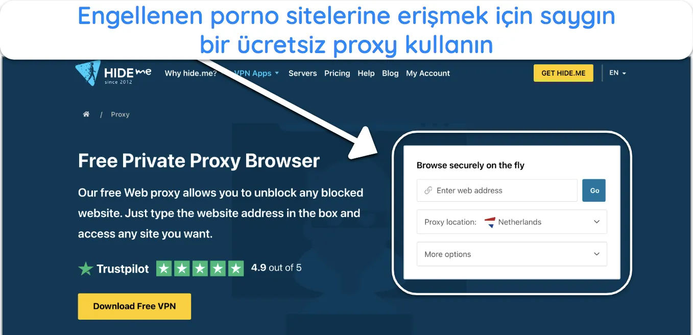 hide.me'nin ücretsiz proxy hizmetinin görüntüsü.
