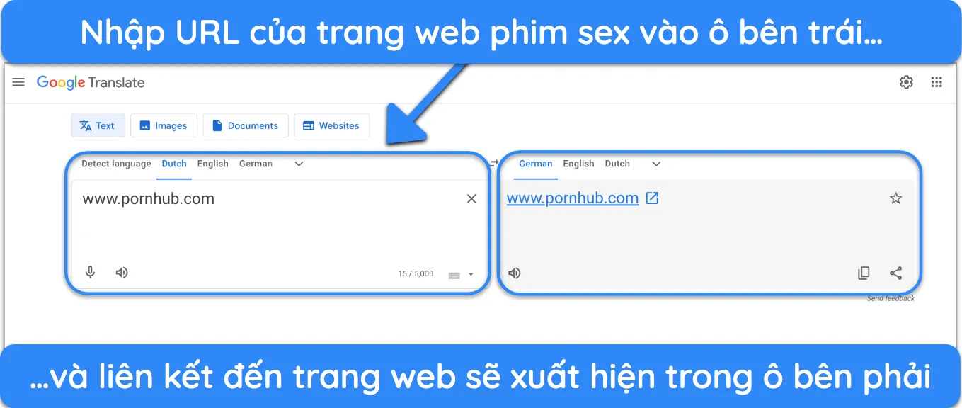 Giao diện Google Dịch hiển thị bản dịch về việc xem nội dung người lớn một cách an toàn.