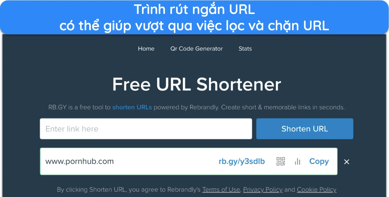 Ảnh chụp màn hình trình rút gọn URL RB.GY có liên kết rút gọn cho Pornhub.