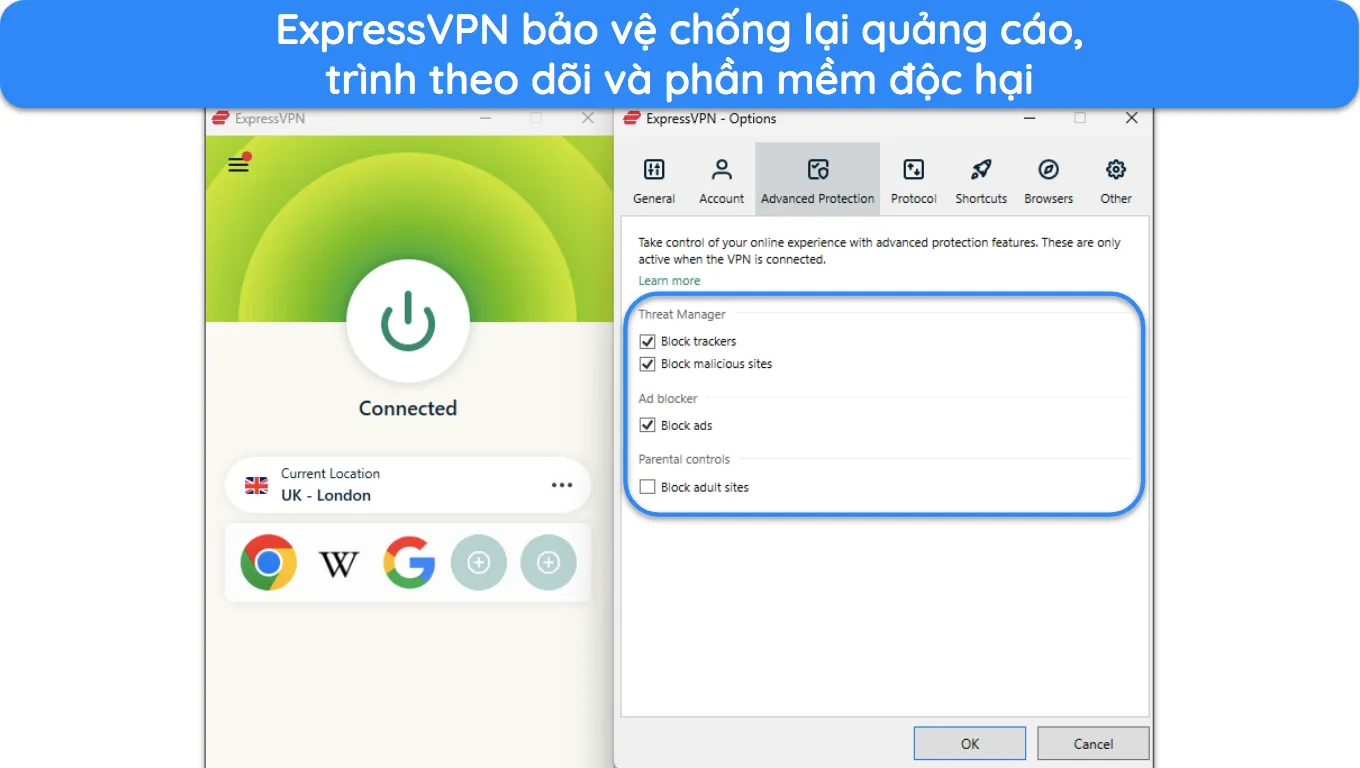 ảnh chụp màn hình ứng dụng Windows của ExpressVPN, làm nổi bật các tính năng Bảo vệ nâng cao.