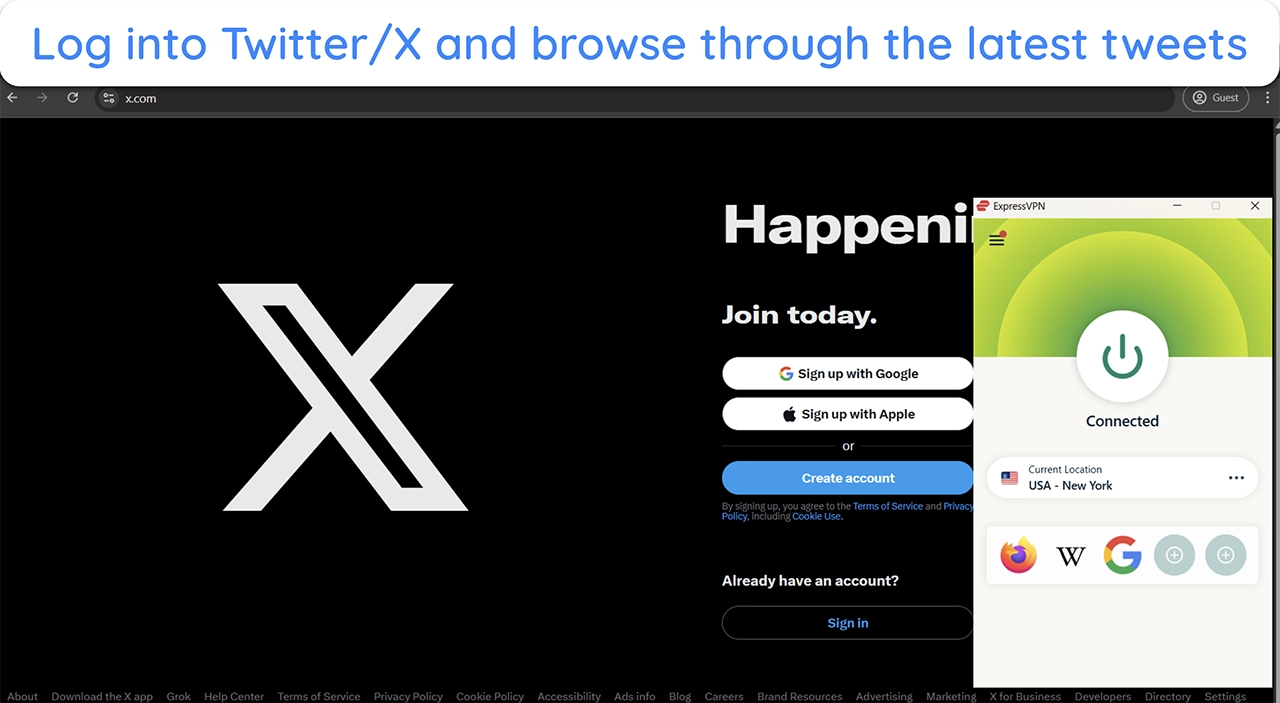 Screenshot showing how to log into Twitter/X after connecting to ExpressVPN
