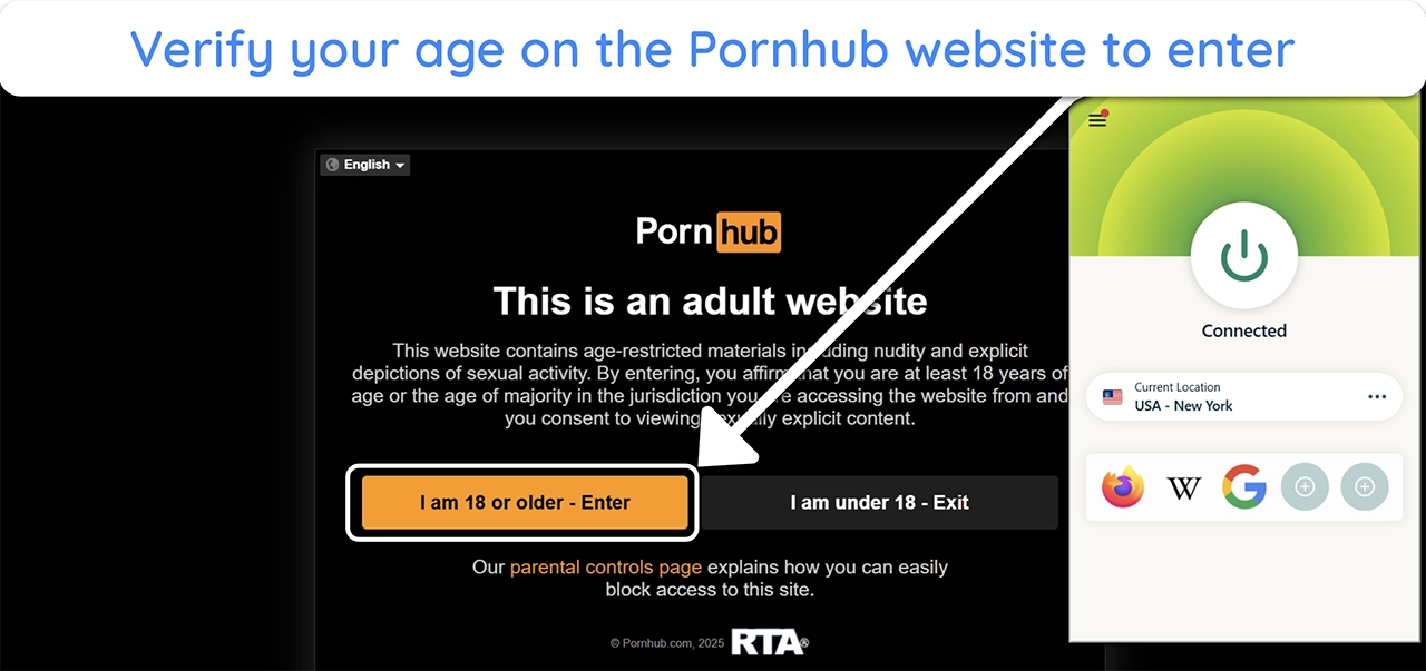 Screenshot showing how to access Pornhub after connecting to ExpressVPN