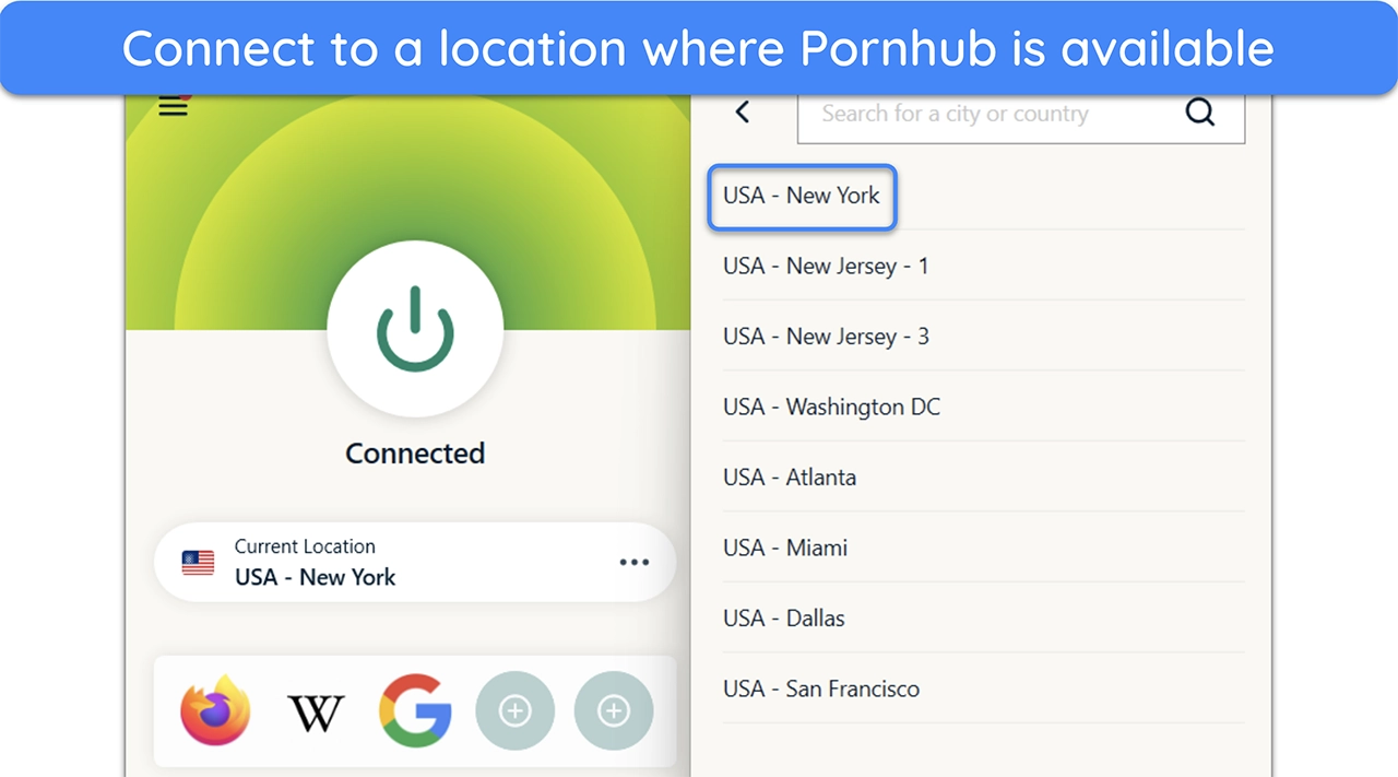 Screenshot showing how to connect to an ExpressVPN server where Pornhub is available