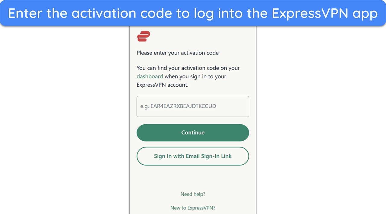 Screenshot showing how to log into ExpressVPN with an activation code