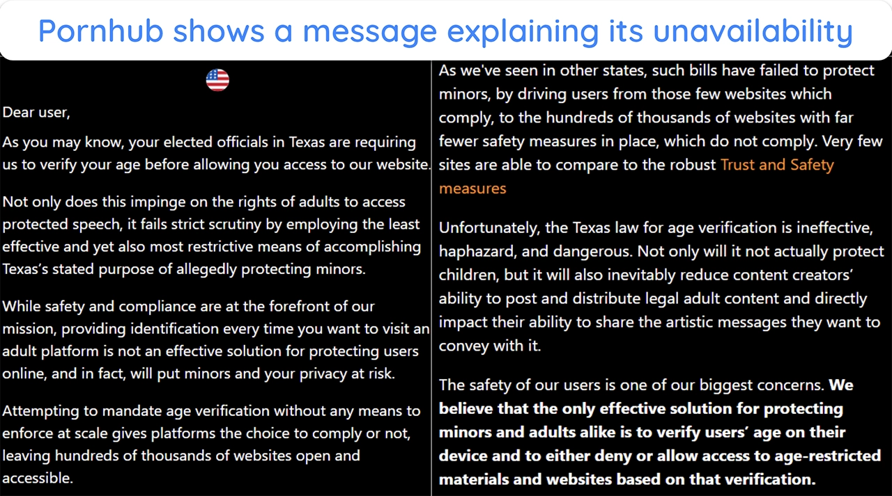 Screenshot of a message from Pornhub's website highlighting details about its shutdown