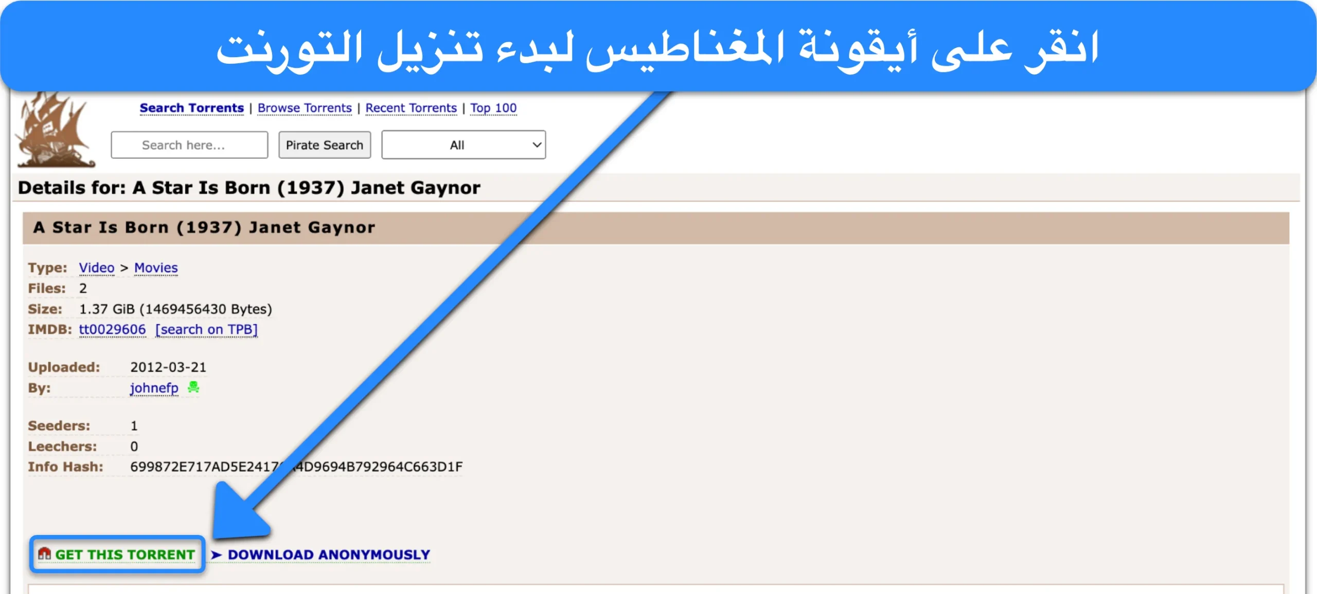 لقطة شاشة تُظهر الرابط المغناطيسي لملف تورنت على موقع The Pirate Bay.
