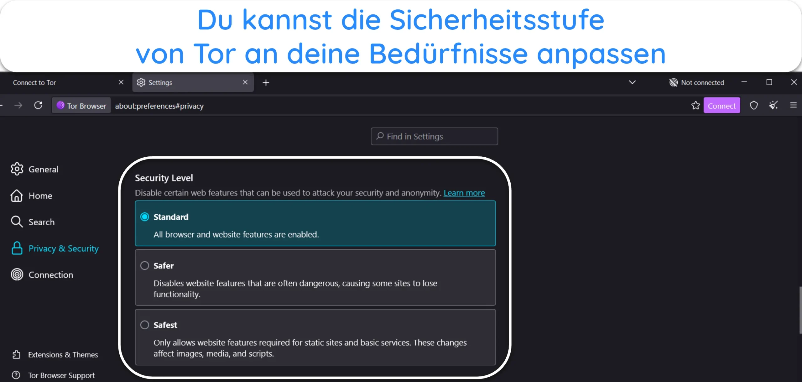 Screenshot der Option „Sicherheitsstufe“ in den Tor-Einstellungen