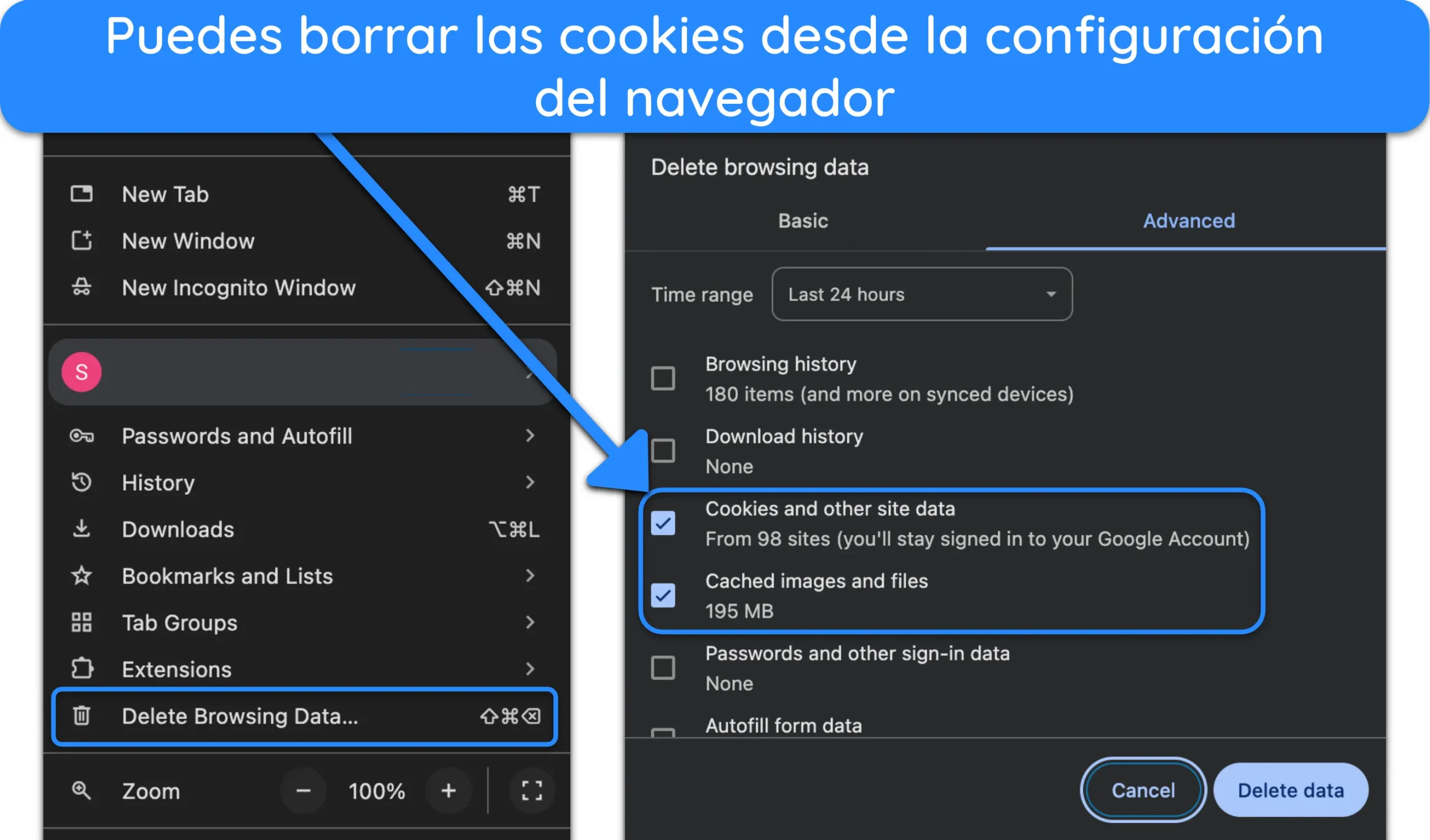 Captura de pantalla de cómo borrar las cookies y la caché en Google Chrome.