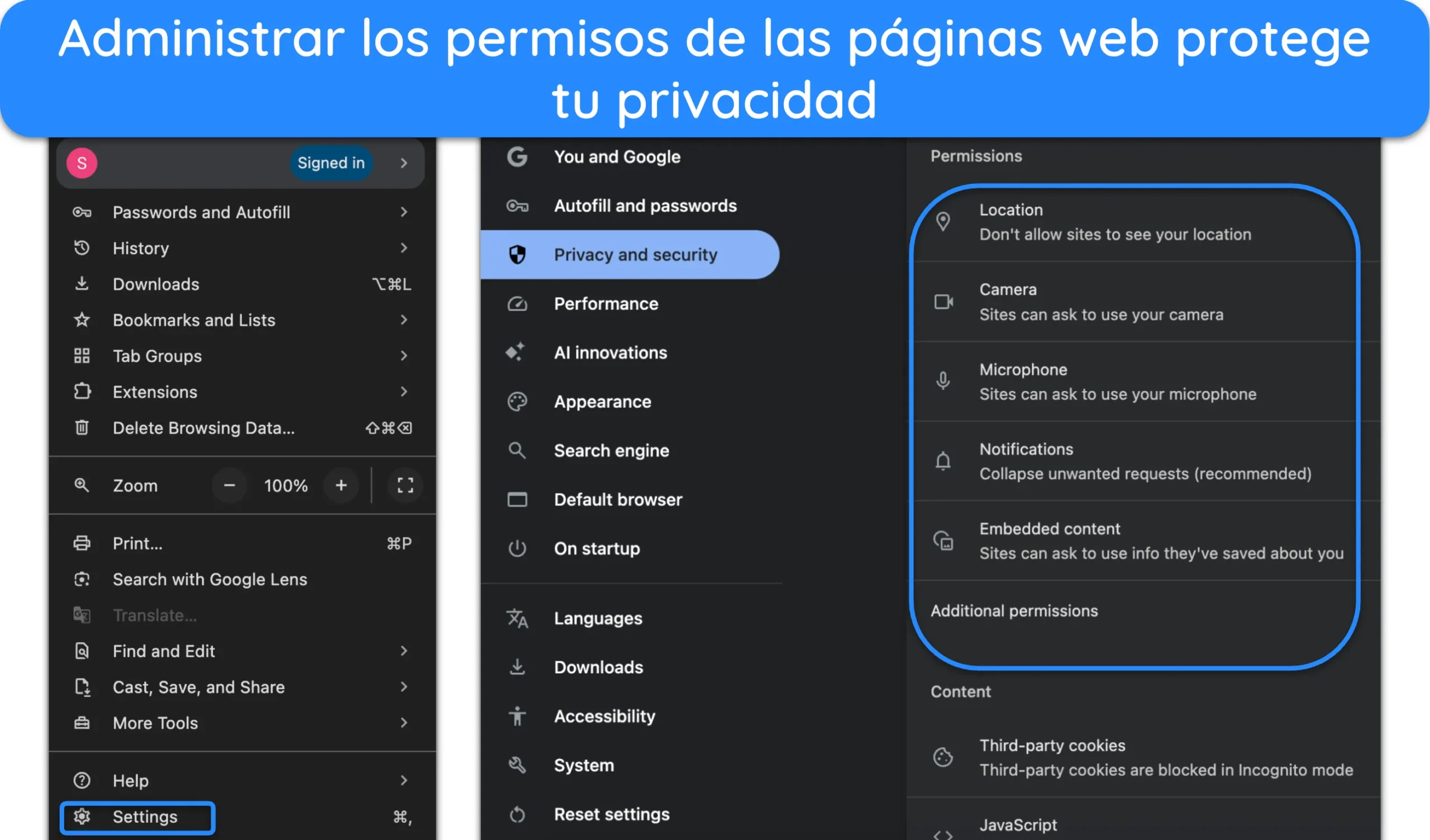 Captura de pantalla de cómo administrar los permisos del sitio en Google Chrome.
