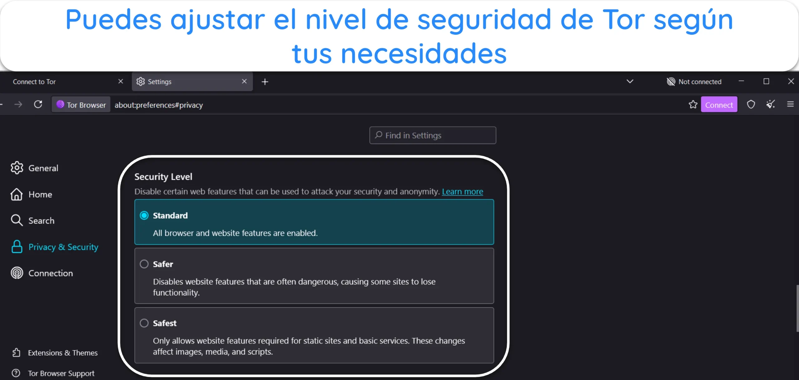 Captura de pantalla que muestra la opción Nivel de seguridad en la configuración de Tor