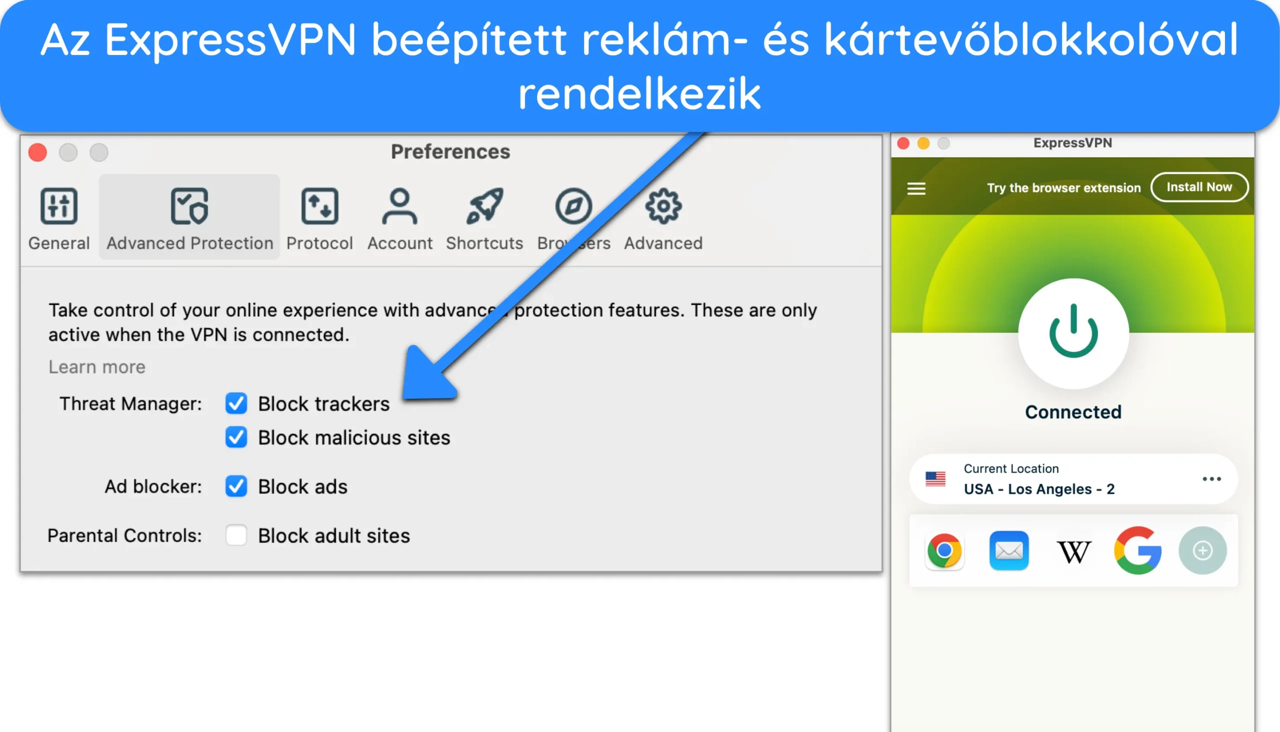 Képernyőkép az ExpressVPN-ről, amely egy egyesült államokbeli szerverhez csatlakozik, ahol a hirdetések, a nyomkövető és a rosszindulatú programok blokkolása engedélyezve van a beállításokból.