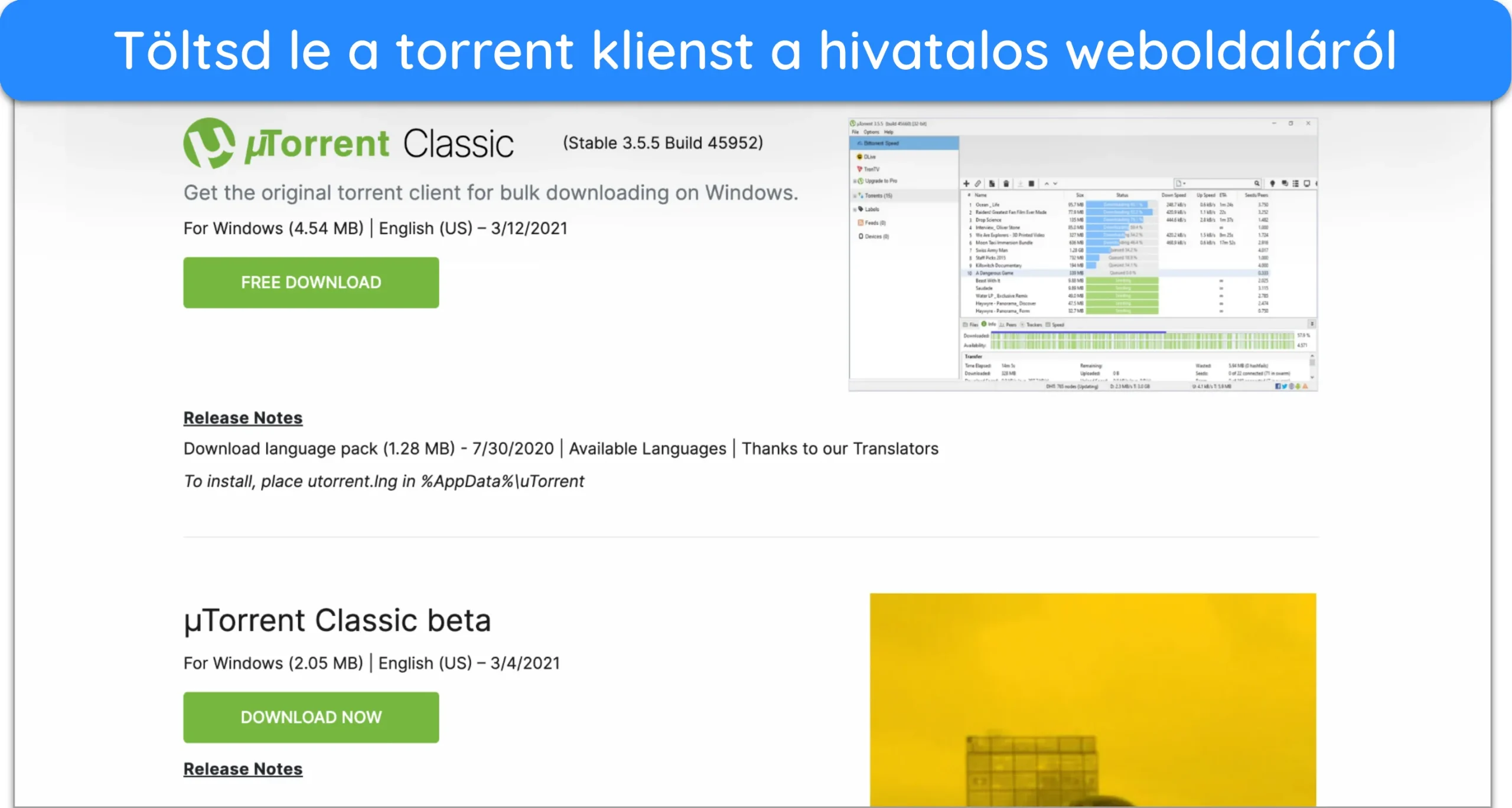 Képernyőkép az uTorrent letöltéséről a hivatalos webhelyről.