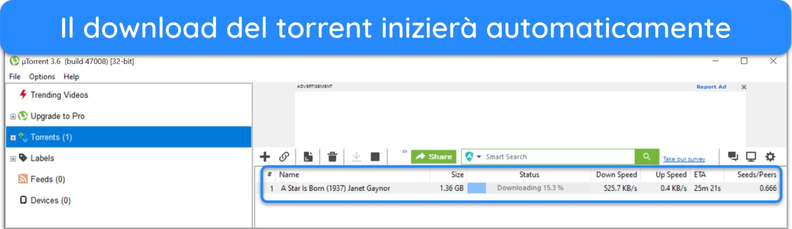 Screenshot di un file torrent scaricato su uTorrent.