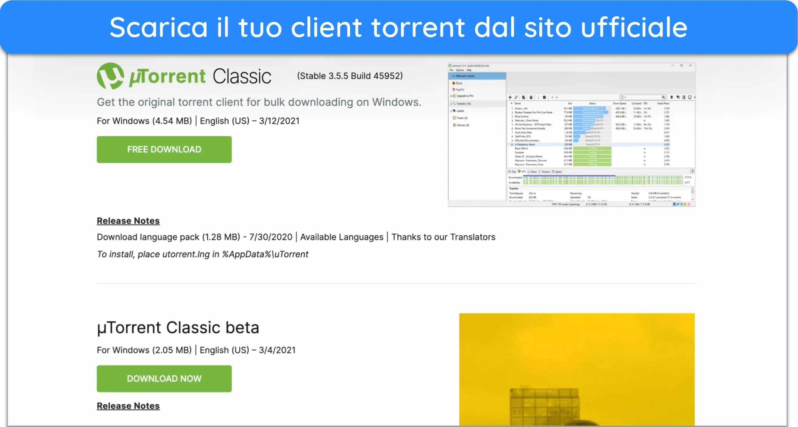 Screenshot di come scaricare uTorrent dal suo sito web ufficiale.