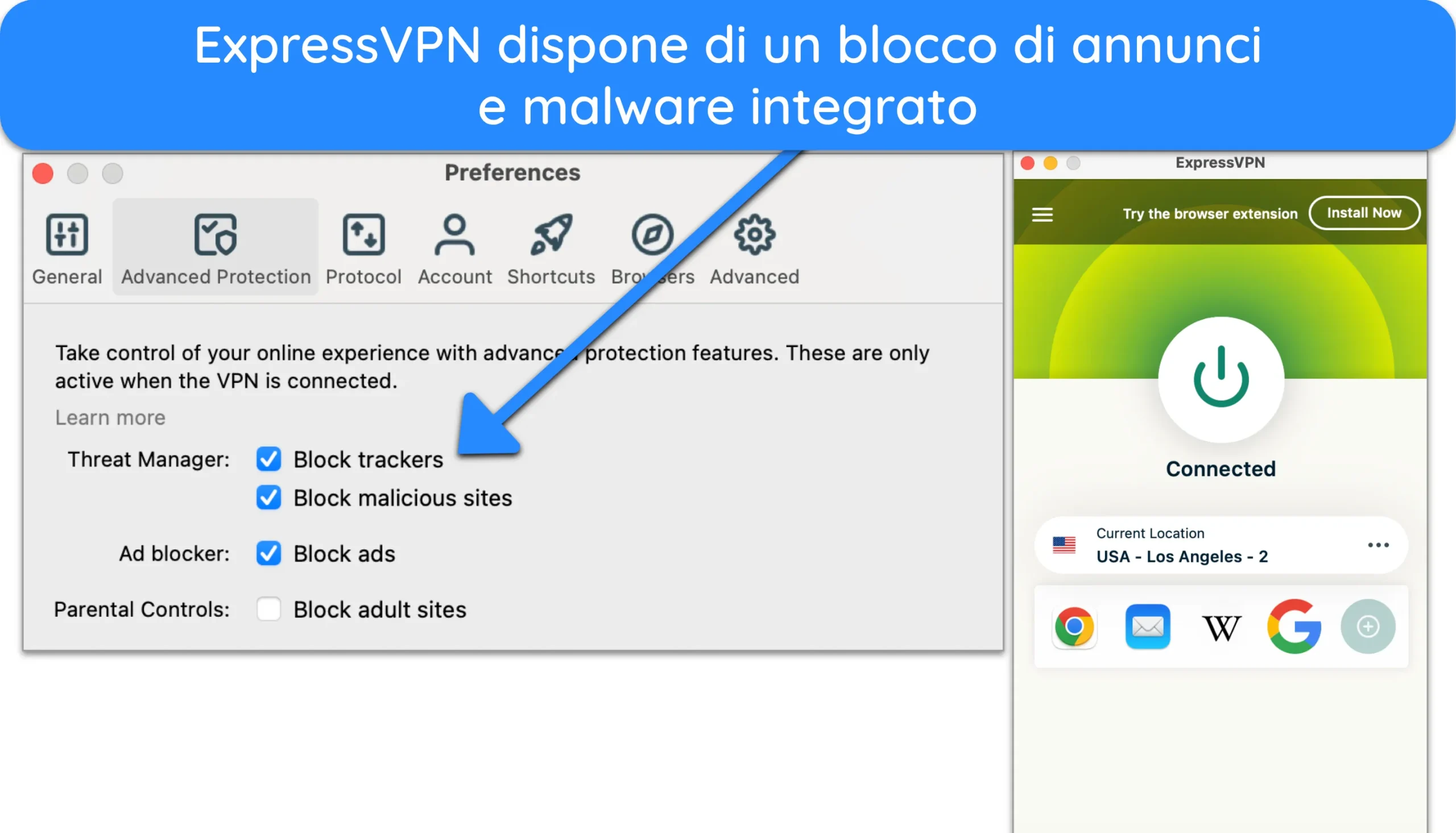 Screenshot di ExpressVPN connesso a un server negli Stati Uniti con blocco di pubblicità, tracker e malware abilitato nelle preferenze.