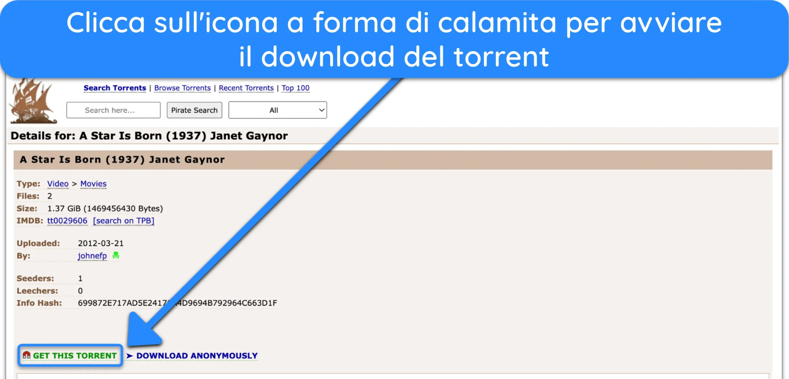 Screenshot che mostra il link magnetico di un file torrent su The Pirate Bay.
