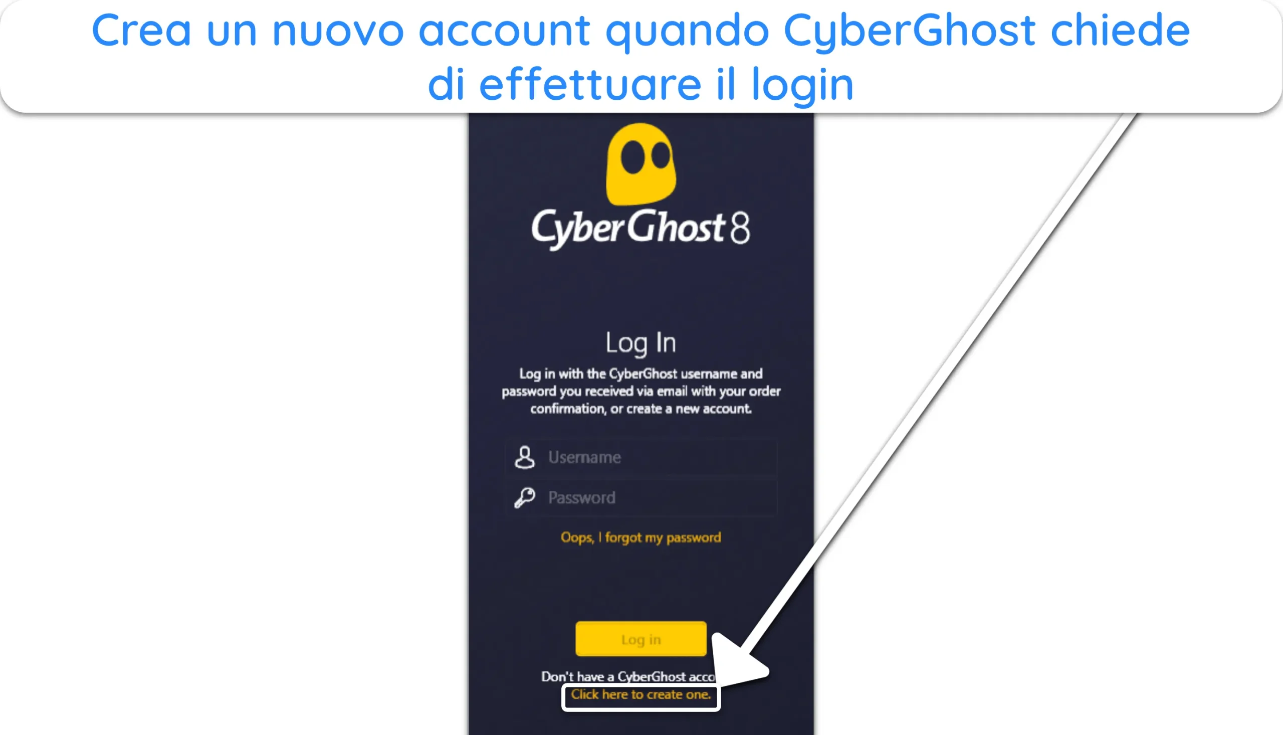 Screenshot che mostra come accedere alla pagina di registrazione nell'app di CyberGhost.