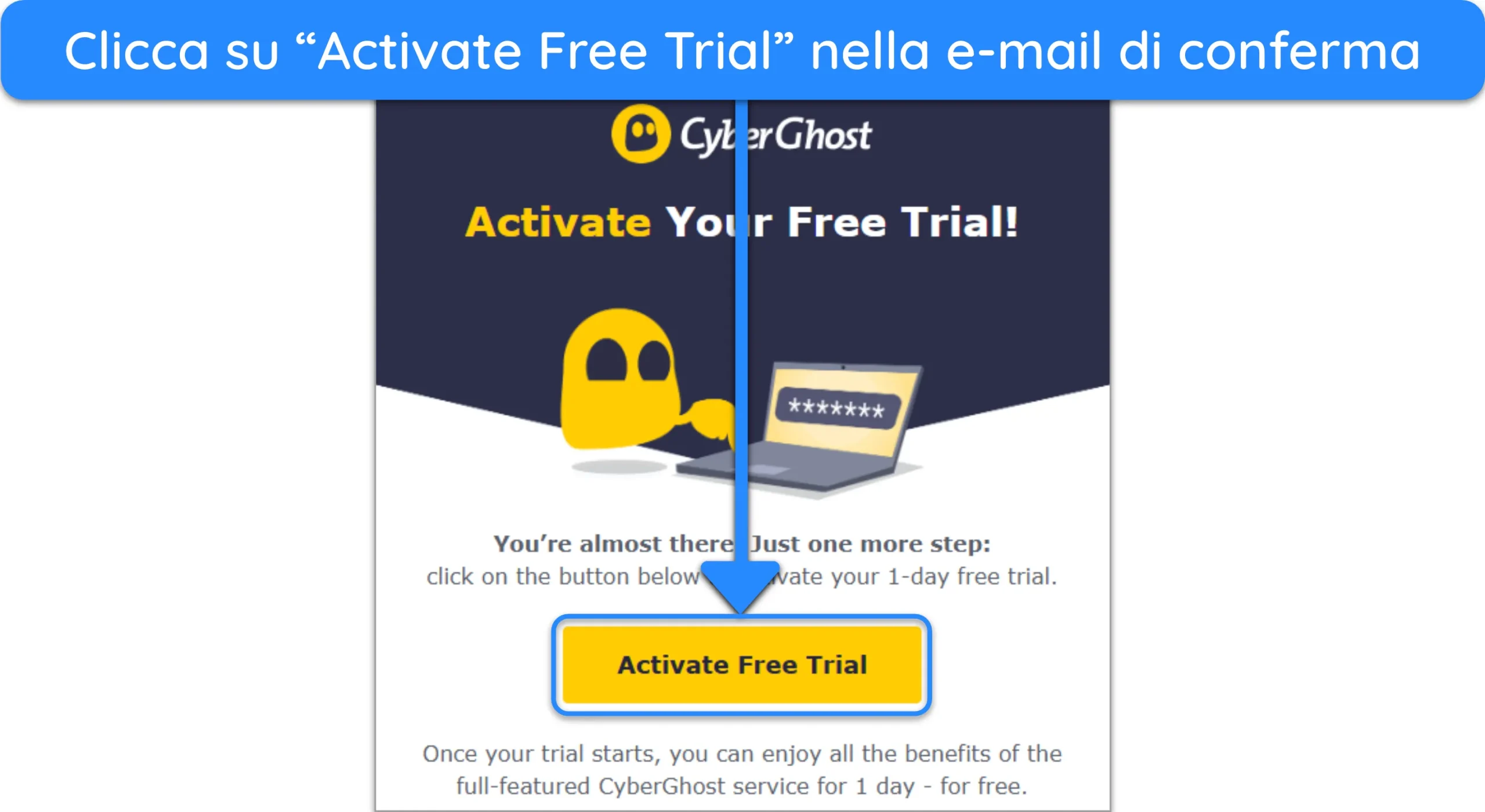Screenshot che mostra come attivare la prova gratuita dopo la registrazione a CyberGhost.